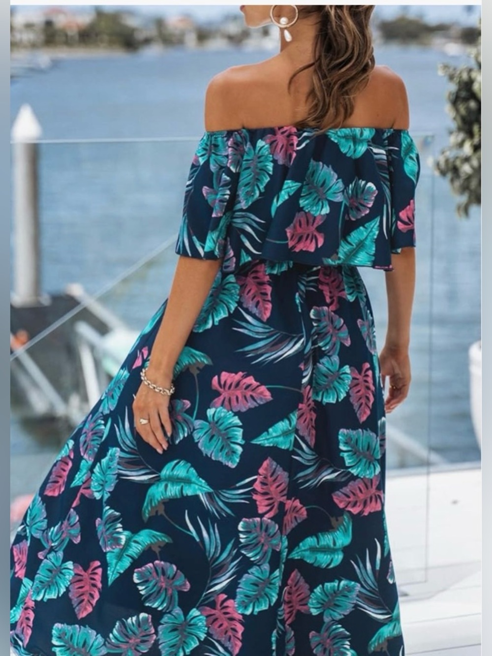 Cupshe Navy Off-Shoulder Tropical Leaf Maxi Dress with Teal & Pink Print - Picture 2 of 6